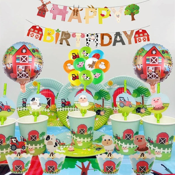 64pcs - Lot Farm Animals Decorations Paper Plates Cups Banner Tablecloth Balloons For Kids Birthday Party Supplies