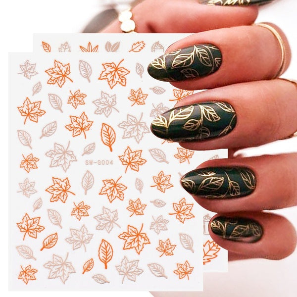 3D Rose Gold Nail Leaf Design Fall Stickers Yellow Orange Maple Leave Sliders for Nails Art Autumn Winter Manicure Decals SASW-G