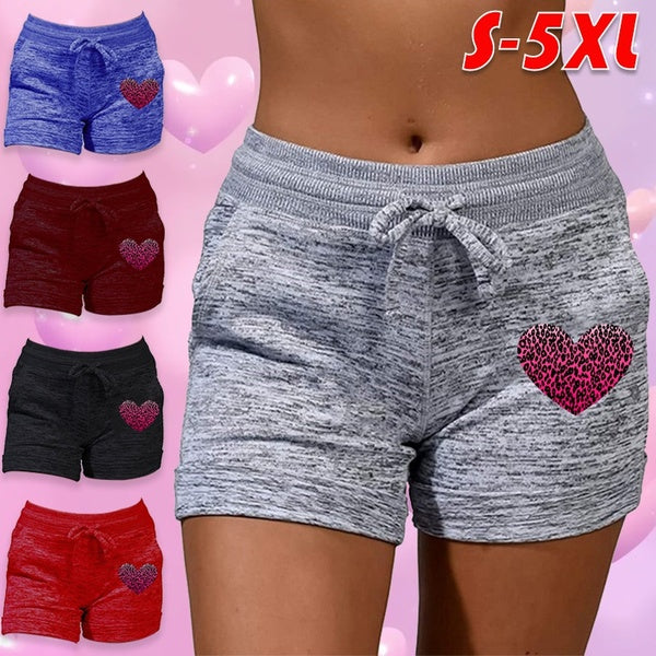 Summer Women's Heart Printed Shorts Cotton Comfortable Yoga Shorts Womens Casual High Waist Drawstring Shorts Sports Stretch Shorts Fitness Running S