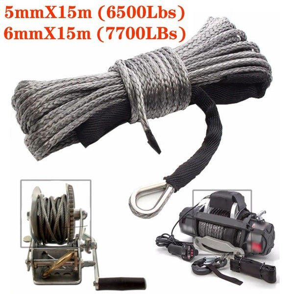 5mmX15m (6500Lbs)-6mmX15m (7700LBs)Winch Rope String Line Cable with Sheath Gray Synthetic Towing Rope 15m Car Wash Maintenance String for ATV UTV Of