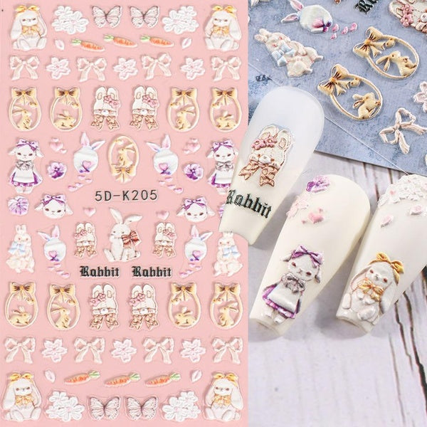 5D Rabbit Nail Stickers Butterfly Bear Flower Nail Design 2023 Embossed Slider Nail Art Decoration SA5D-K