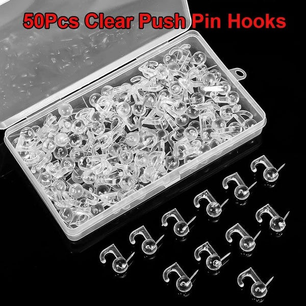 50Pcs Push Pin Hooks,Clear Thumb Tacks Plastic Head Pin Tacks With Hooks for Cork Board Bulletin Board Wall Decorative