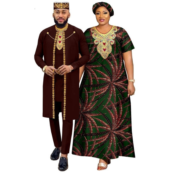 African Couple Clothes Men's Jacket+Shirt+Pants+Hat 4 Pieces Set Women Ankara Dress+Head Wrap