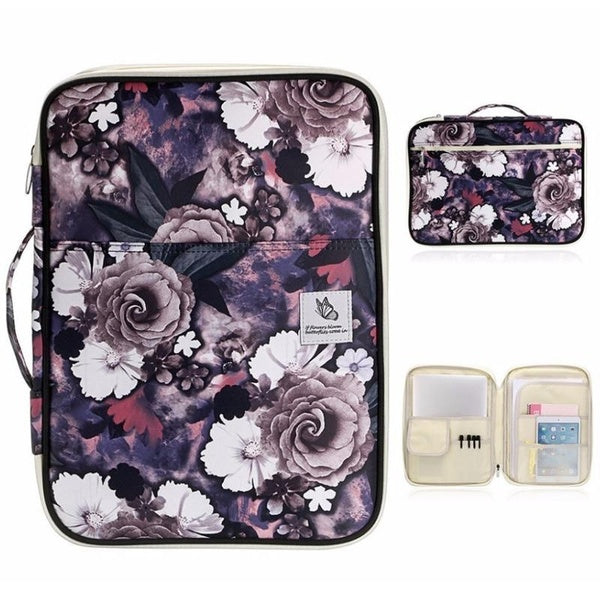 Multi-functional Folder File Carrying Bag Flower Pattern Certificate Storage Travel Package for 13" Mac Laptop Ipad A4 Paper notebook