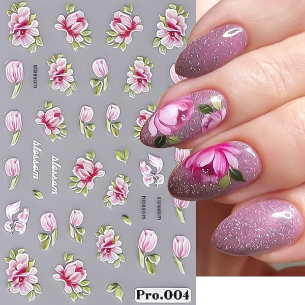 5D Embossed Nail Stickers Pink Peony Lily Daisy Flowers Design Self-Adhesive Nail Transfer Sliders Summer Manicure Decals LAPro