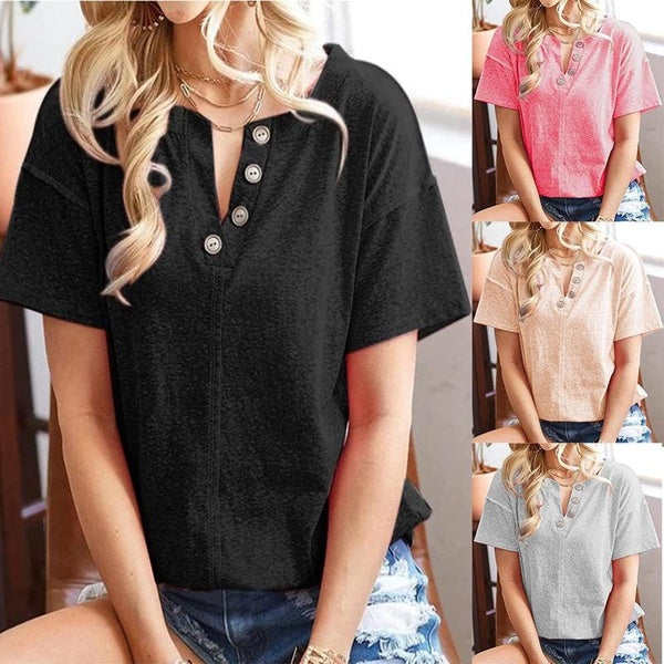Women's Fashion Casual V-neck Short Sleeve T-shirts Ladies Summer Solid Color Blouses Soft and Comfortable T Shirts Loose Tops