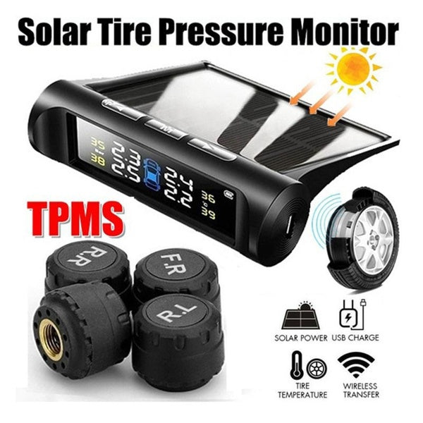 Wireless Tire Pressure Detector Solar & USB Charging Universal Car Tire Pressure Monitoring System LCD Color Display with 4 External Sensors TPMS Cars