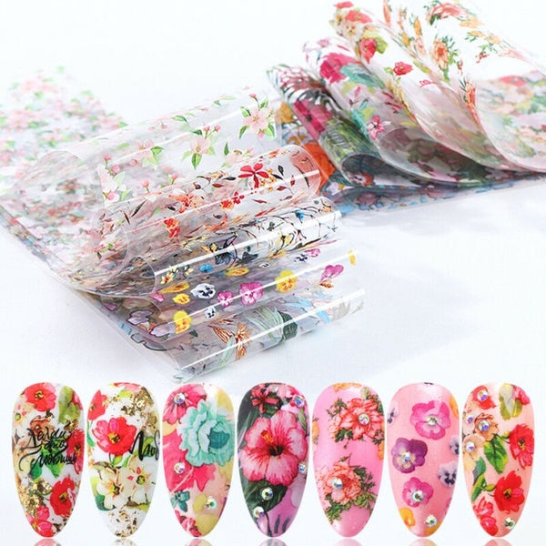 10 Nail Foil Transfer Stickers Holographic Leaf Flower Nail Art Starry Paper DIY