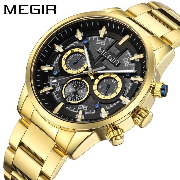 MEGIR Golden Montre à Quartz pour Homme avec Bracelet en Acier Inoxydable Japen Mouvement à Quartz Chronographe Étanche Homme Auto Date Montres Habil