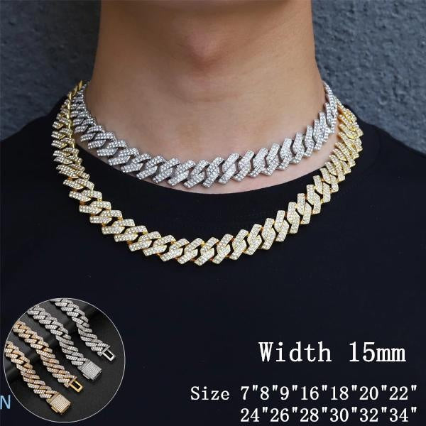 15mm Width Cuban Chain Micro Pave Cubic Zircon Mixed Luxury Bling Bling Full Iced Out Charms Necklaces or Bracelets for Fashion Men and Women Hip Hop