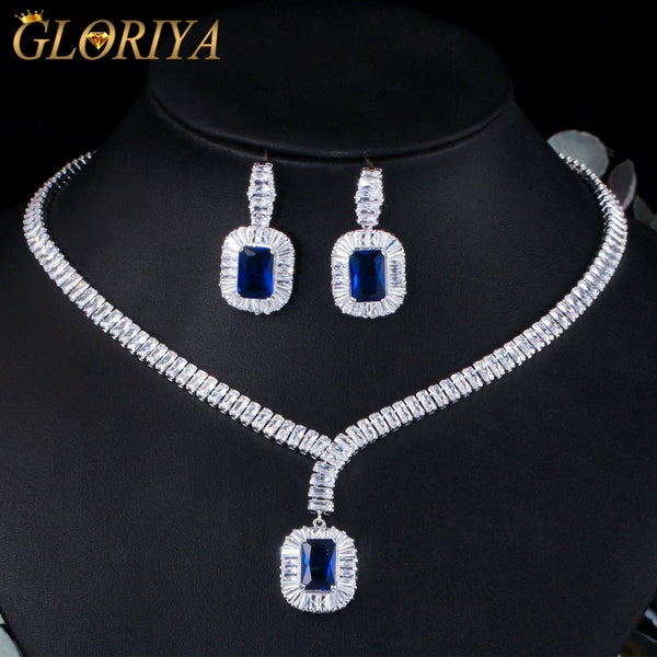 Gloriya classique étincelle cubique Zircon charme pendentif carré collier ras du cou boucles d'oreilles pour mariée de haute qualité saphir ensemble