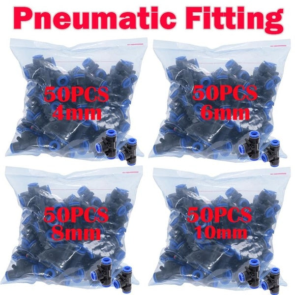 50PCS PE Pneumatic Fittings Plastic T Type 3-way for 4mm-6mm-8mm-10mm Tee Tube Quick Connector Slip Lock
