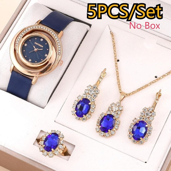 Lot de 5 montres à quartz tendance pour femmes avec bracelet en cuir PU et collier, bague, boucles d'oreilles, ensemble de bijoux (sans boîte)