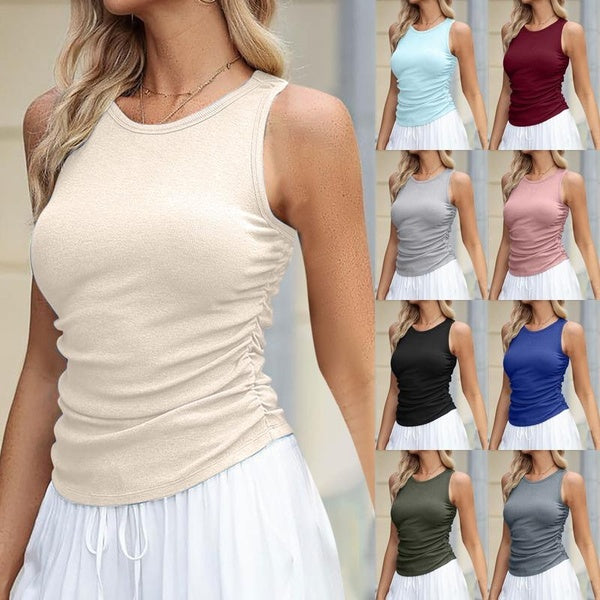 Women's Cute Round Neck Sleeveless Tank Tops Summer Fashion Casual Pleated Tank Tops Female Slim Fit Tops