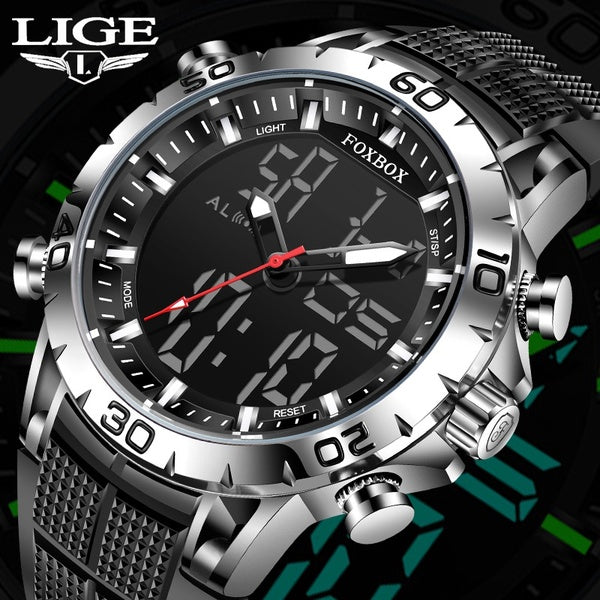 LIGE FOXBOX montre à affichage LED pour hommes analogique militaire Sport numérique montres à Quartz mâle étanche montre-bracelet
