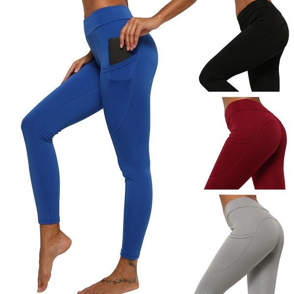 Mode femmes poche latérale Leggings taille haute course Sport pantalon Yoga Fitness Leggings pantalon extensible Joggers pantalon
