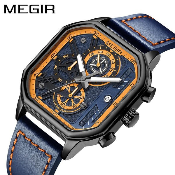 MEGIR Top marque cuir chronographe étanche Sport automatique Date montre à Quartz décontracté hommes montres pour homme cadeaux