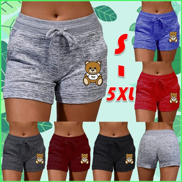 Women Fashion Cute Bear Printed Casual Shorts with Pockets Summer High Waist Drawstring Sport Stretch Shorts Plus Size Elastic Waist Yoga Running Sho