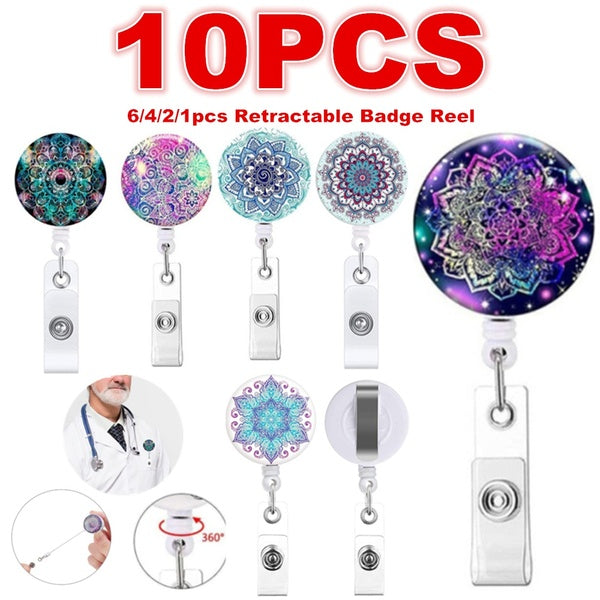 1-2-4-6-10pcs nouveau design fleurs de mandala rétractable insigne d'infirmière bobine d'identification ic carte étiquette porte-cartes avec 360 clip