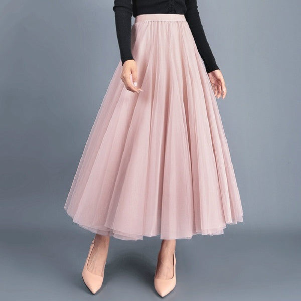Tulle Skirts Womens Midi Pleated Skirt Black Pink Tulle Skirt Women Spring Summer Korean Elastic High Waist Mesh Tutu Skirt