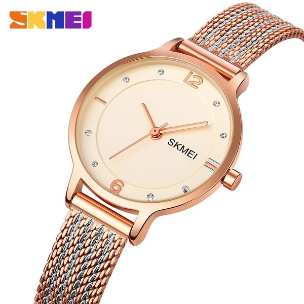 SKMEI marque de mode montres pour femmes de luxe or Rose en acier inoxydable montre à Quartz Simple strass dames montre-bracelet de sport