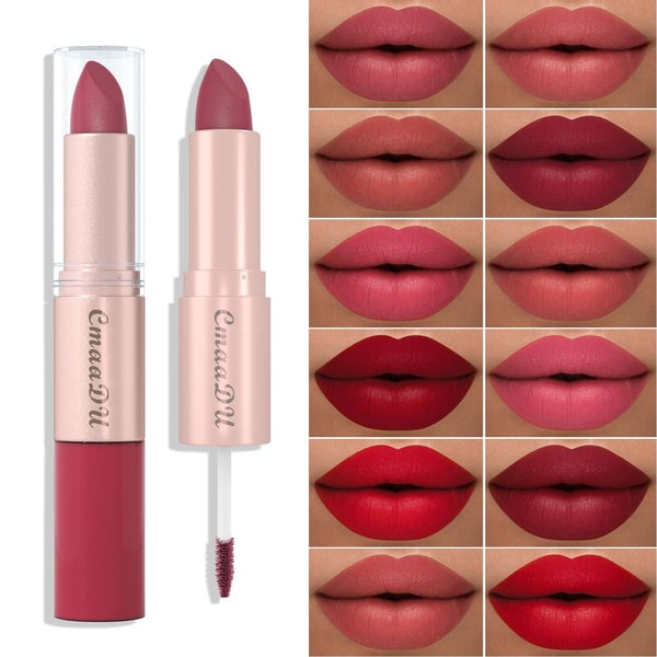 CmaaDu 2 in 1 Double-headed non-stick cup matte matte lip gloss two-in-one matte bean paste does not fade with cup lipstick female Drop