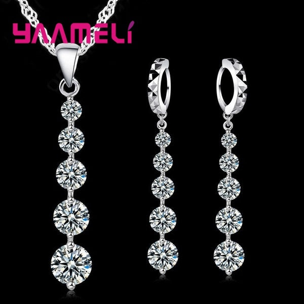 Long Drop Earrings Pendants Necklaces Set For Wedding Jewelry Women 925 Sterling Silver Crystal Wedding Jewellery Sets