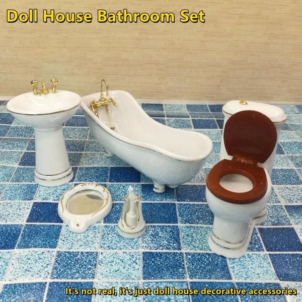Doll Model Toilet Bathtub Sink Model Toilet Bathroom Set Mini Ceramic Furniture Doll House Accessories Children's Toys Matron Inn