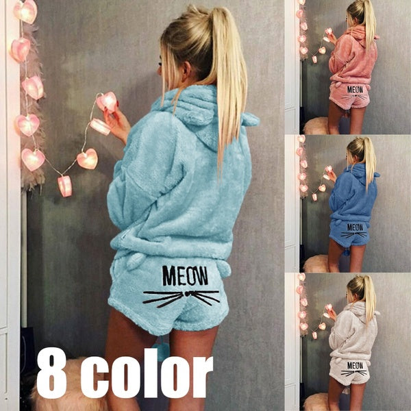 Fashion Women Autumn Winter Soft Warm Two Pieces Set Flannel Pajamas Cute Cat Ear Hooded Sleepwear