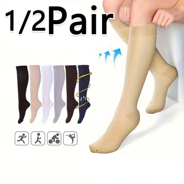 Men's and Women's Solid Color Compression Socks, Running Socks, Varicose Veins, Knee, High Leg, Elastic Support, Pressure Cycling Long Tube Socks 1-2