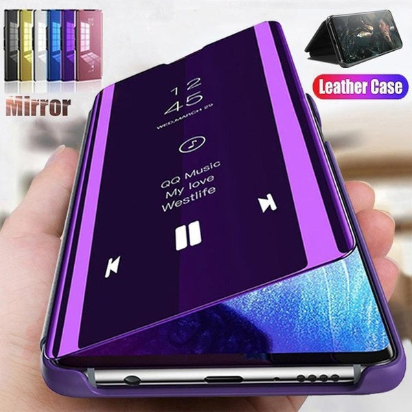 Étui de téléphone à rabat en cuir avec miroir de placage de vue claire de luxe, étui de support pour Samsung Galaxy S24 Ultra S23FE S23 Ultra S22 Ult