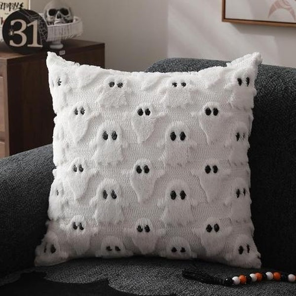 1pc Halloween Pillow Covers 16x16 inch -45x45 cm White Ghost Throw Pillow Cases Soft Plush Faux Fur Wool Couch Cushion Case for Chair Sofa Bedroom Li
