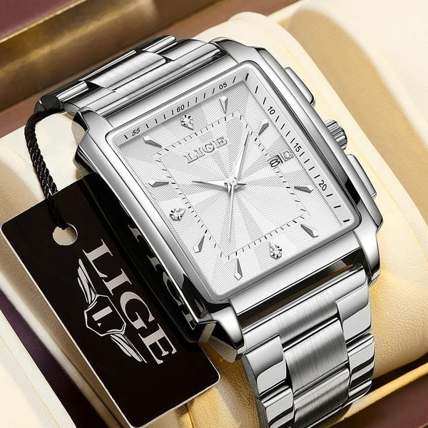 LIGE montre en argent hommes carré hommes horloge haut de gamme montres à Quartz de luxe en acier inoxydable montre-bracelet étanche Relogio Masculin