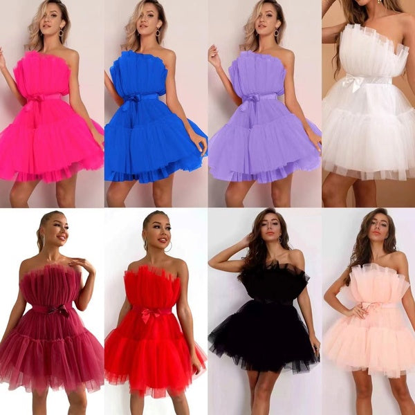 Tube Top Dress Elegant Bowknot Short Skirt Mesh Tulle Tutu Dress Christmas Party Outfit