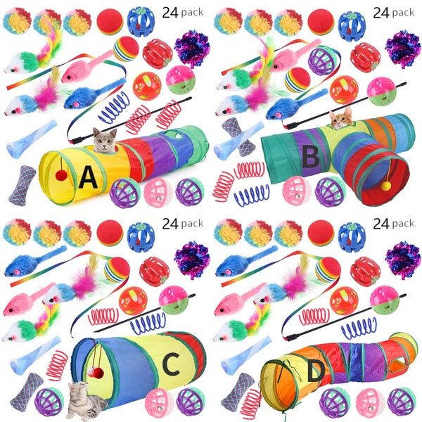 24Pcs-Set Cat Toys Kit Collapsible Tunnel Cat Toy Fun Channel Feather Balls Mice Shape Pet Kitten Dog Cat Interactive Play Supplies