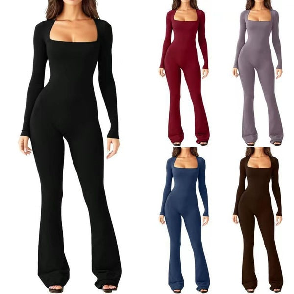 Long Sleeve Jumpsuits for Women Yoga Jumpsuits Square Neck Ribbed Workout Flares Leg Full Length Romper Playsuit