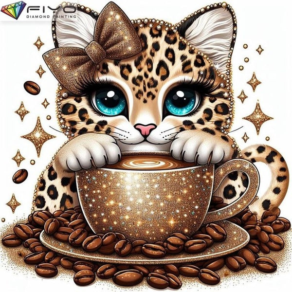 FIYO Coffee Leopard DIY 5D Diamond Painting Full Drill with Number Kits Home and Kitchen Fashion Mosaic Diamond Painting Canvas Wall Decoration Gift