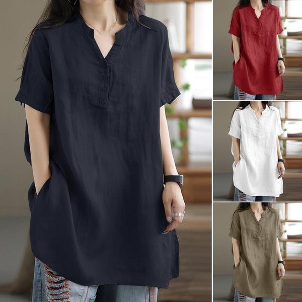 Women's Fashion Casual V Neck Short Sleeve Blouses Ladies Summer Loose Shirts Solid Breathble T-shirts Plus Size