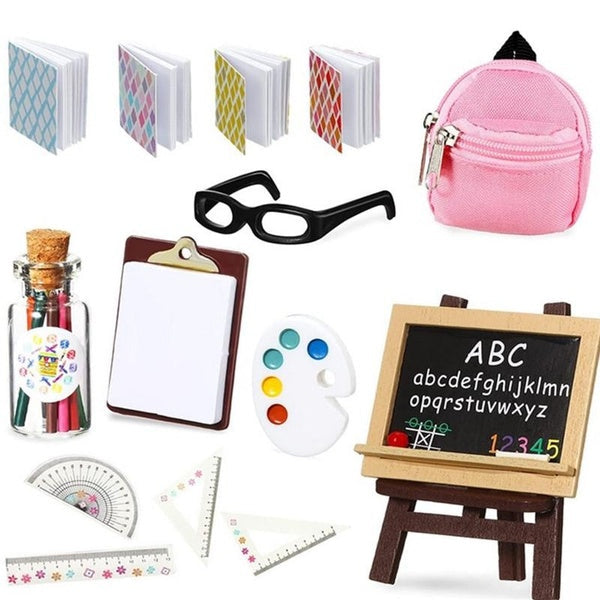 1:12 Dollhouse Mini Schoolbag Set Ruler-Blackboard-Notebooks-Glassses Miniatures Collection Doll House Accessories Kids Toy Matron Inn