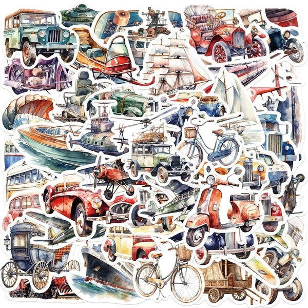 10-50Pcs Watercolor Vehicle Stickers Means of Transportation Travel Tool Graffiti Stickers for DIY Luggage Laptop Skateboard Motorcycle Bicycle Stick