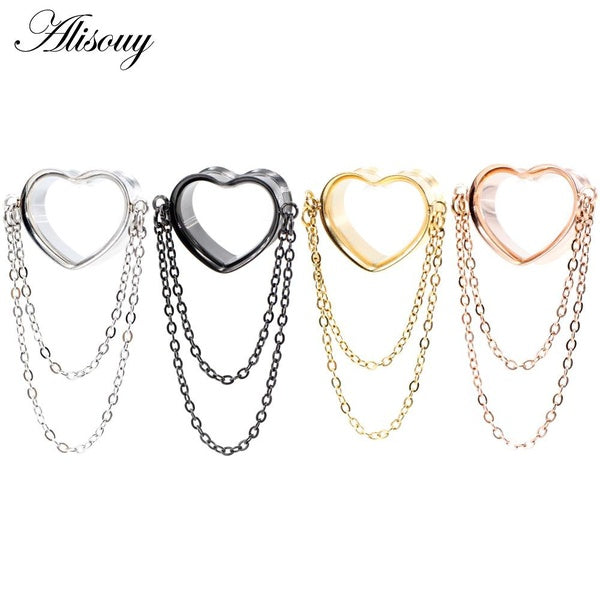 Alisouy Lot de 2 pendentifs en acier inoxydable en forme de caur avec double chaîne pour oreilles, tunnels, écarteurs, jauges, piercing corporel