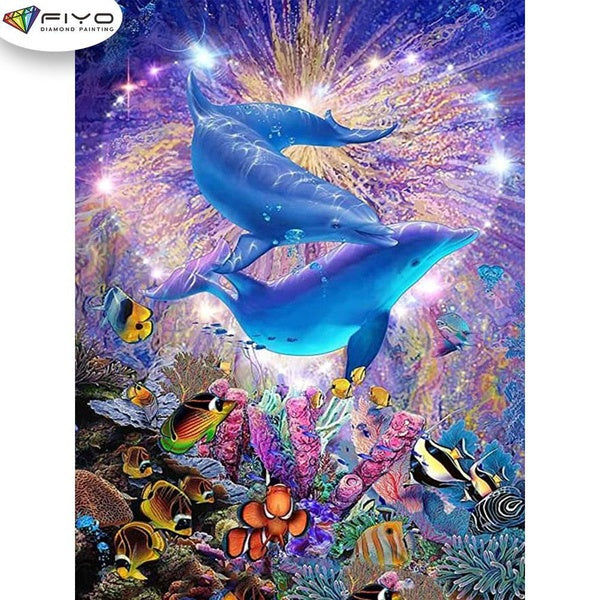 Dolphins DIY 5D Diamond Painting Full Drill with Number Kits Home and Kitchen Fashion Mosaic Diamond Painting Canvas Wall Decoration Gift Crafts for