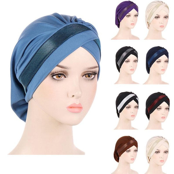 Glitter Underscarf Muslim Turban Pleated Cross Hair Loss Cap Beanies Chemo Cap Inner Hijab Hat For Women