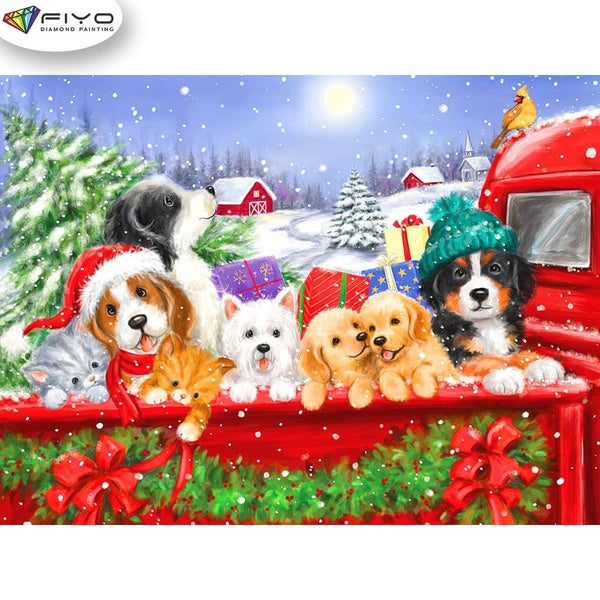 FIYO Christmas Dog Diamond Painting Kits For Adults DIY 5D Diamond Mosaic Diamond Painting Home and Kitchen Fashion Canvas Pictures Wall Decoration G