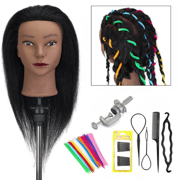 14" Human Hair Afro Mannequin Head Hairdressing Training African Head Practice Cutting Braiding with Hair Styling Tool Set