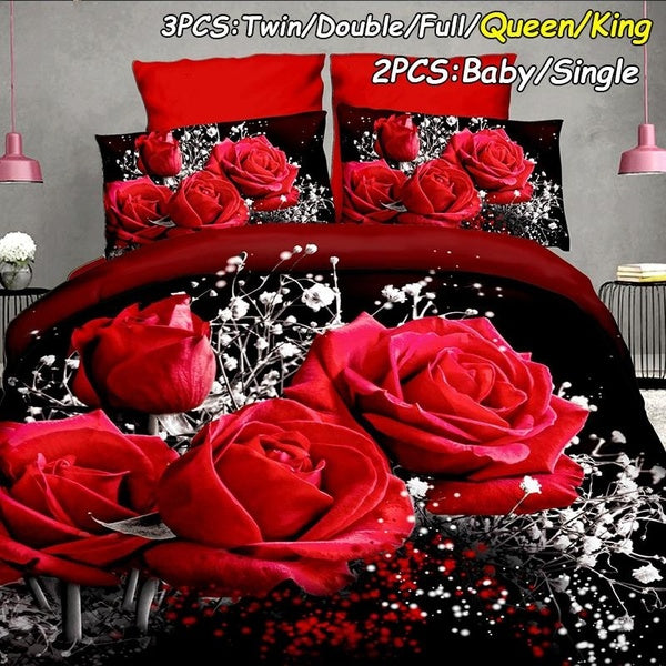 3D Red Rose Flowers Bedding Set Rose Flowers Oil Painting Bedding Comforter Sets Duvet Cover Set (Baby-Single-Twin-Double-Full-Queen-King) Size