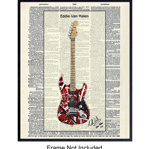 Eddie Van Halen Guitar - Wall Art Print on Dictionary Photo - Ready to Frame Vintage Photo - Great Gift for 80s Music and Rock n Roll Fans - Cool Ste