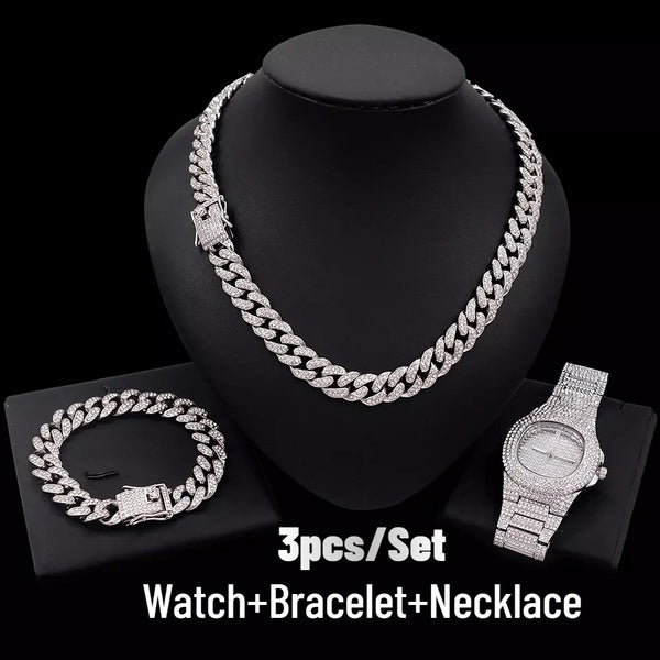 3pcs-Set(Watch+Bracelet+Necklace) Iced Out BlingBling Diamond Cuban Link Chain Miami Choker Bracelet Necklace Jewelry Set for Fashion Men and Women H