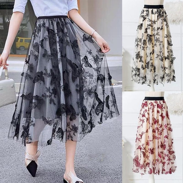 Skirts For Women Knee Length Tulle Skirts Butterfly Floral Skirts Long Skirts Summer Casual Elegant Maxi Skirts