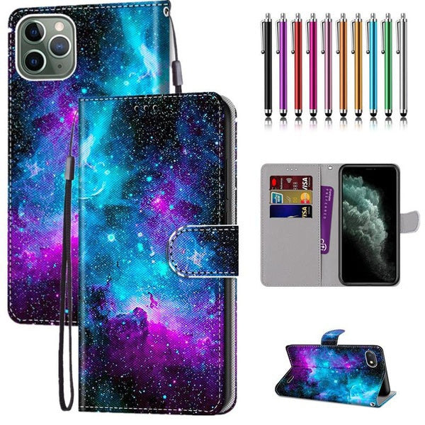 Violet Vert Ciel Étoilé Motif PU Cuir Portefeuille Style Flip Cover Avec Porte-Cartes Protection Téléphone Portable Sac Cas Avec Stylet Stylo Pour iP